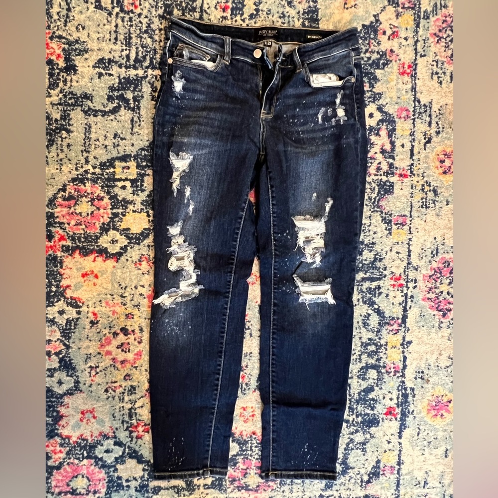 Judy Blue Womens 9/29 Boyfriend Fit Jeans Distressed Blue Denim Stretch Casual